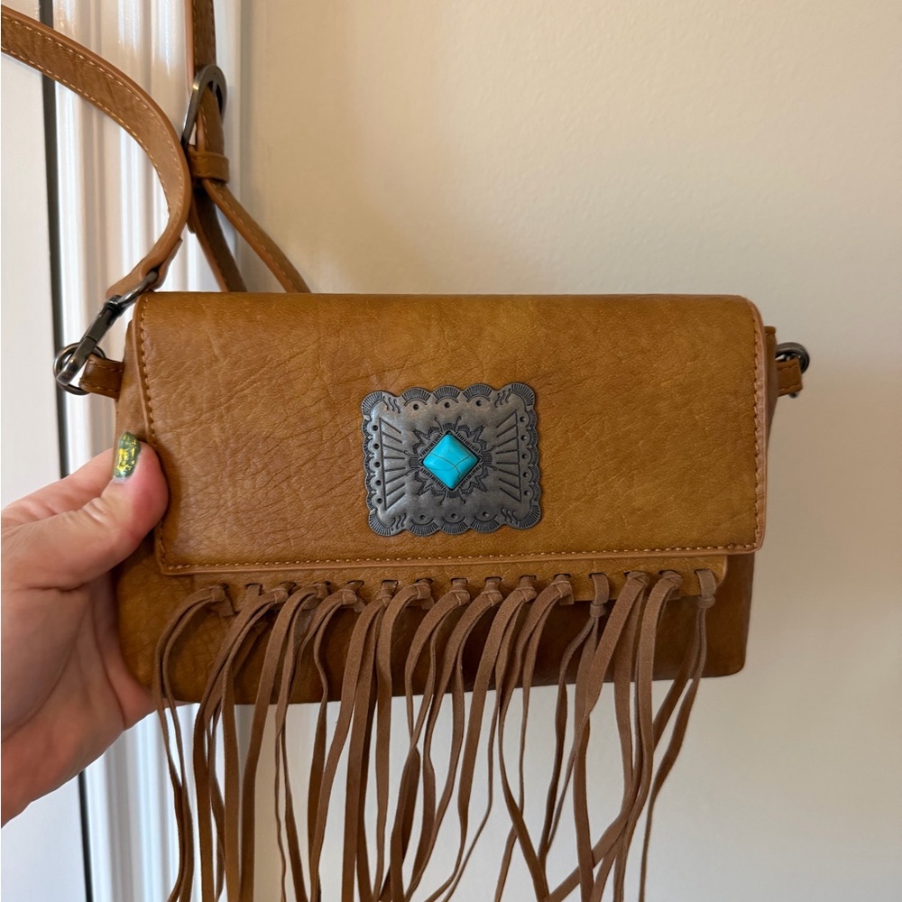 Wrangler Turquoise Stone Concho Fringe Crossbody Clutch